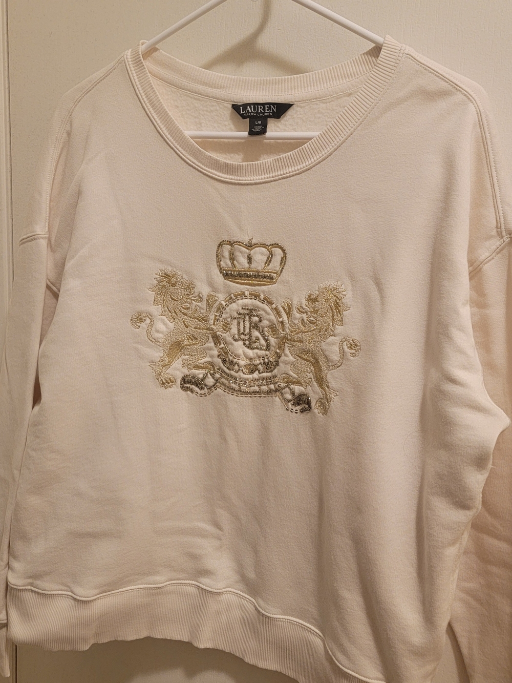 Ralph Lauren Cream Crewneck Sweater with Gold Embroidered Crest